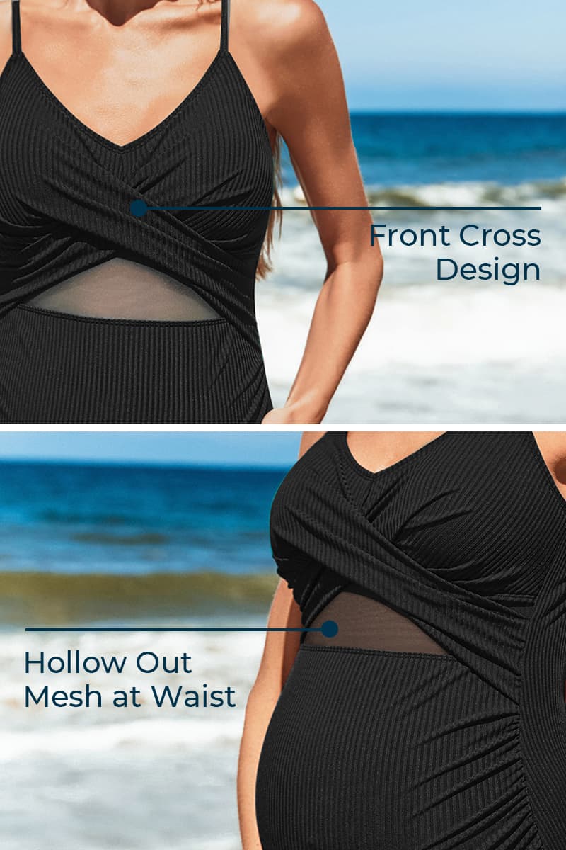 ribbed front cross maternity swimsuit with mesh hollow out#color_black