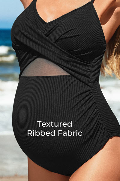 ribbed front cross maternity swimsuit with mesh hollow out#color_black