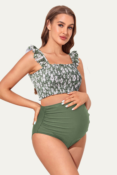 ruffled-maternity-swimsuit-two-piece-high-waisted-bikini-bottoms#color_garden-veil-bliss-olive