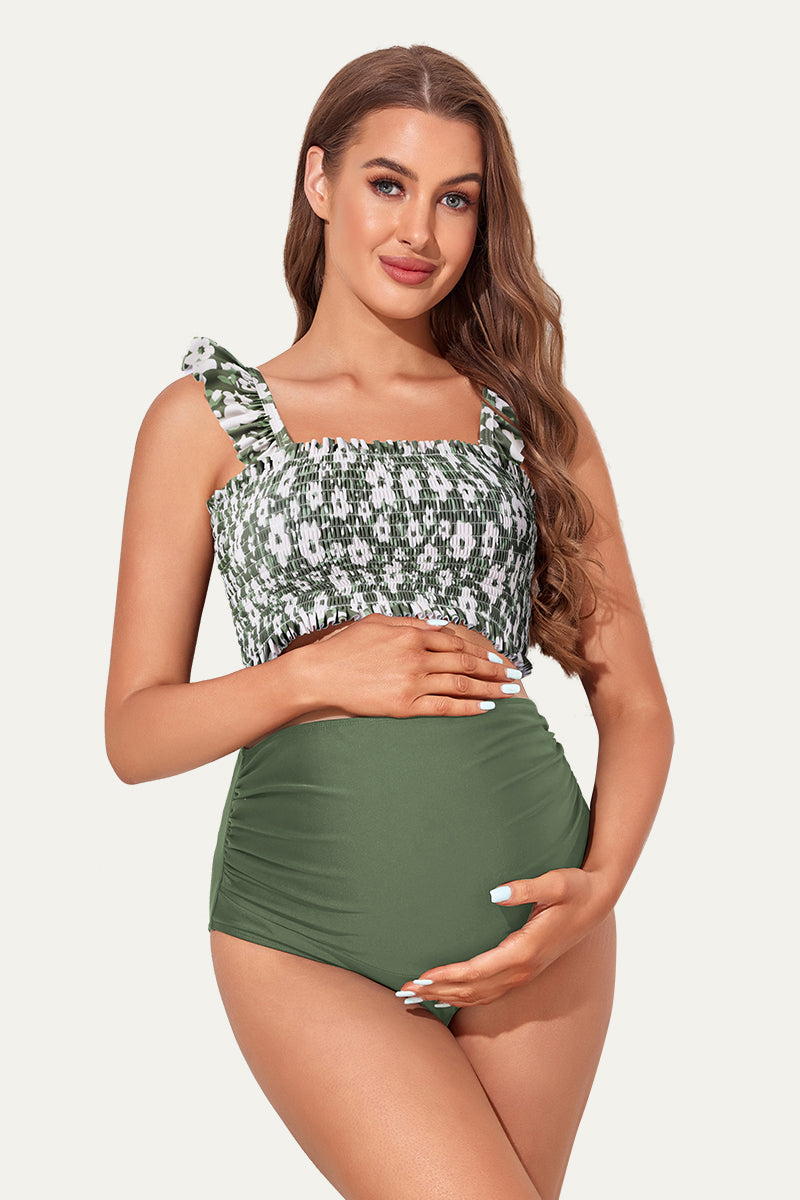 ruffled-maternity-swimsuit-two-piece-high-waisted-bikini-bottoms#color_garden-veil-bliss-olive