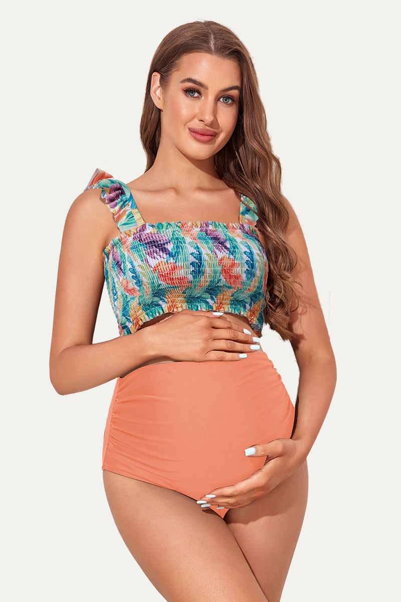 ruffled-maternity-swimsuit-two-piece-high-waisted-bikini-bottoms#color_rainforest-candy-shell-pink