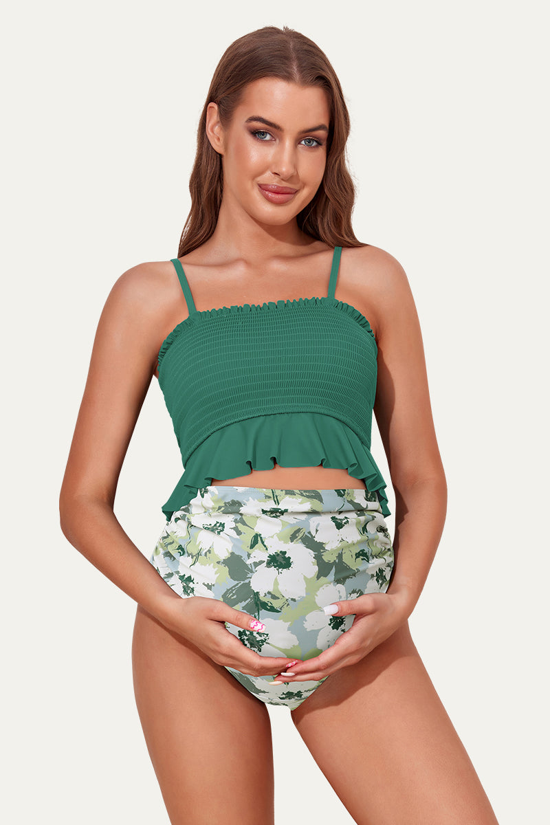 high-waisted-maternity-bikini-two-piece-pregnancy-swimming-costume-1#color_mint-solitary-silhouette-bloom