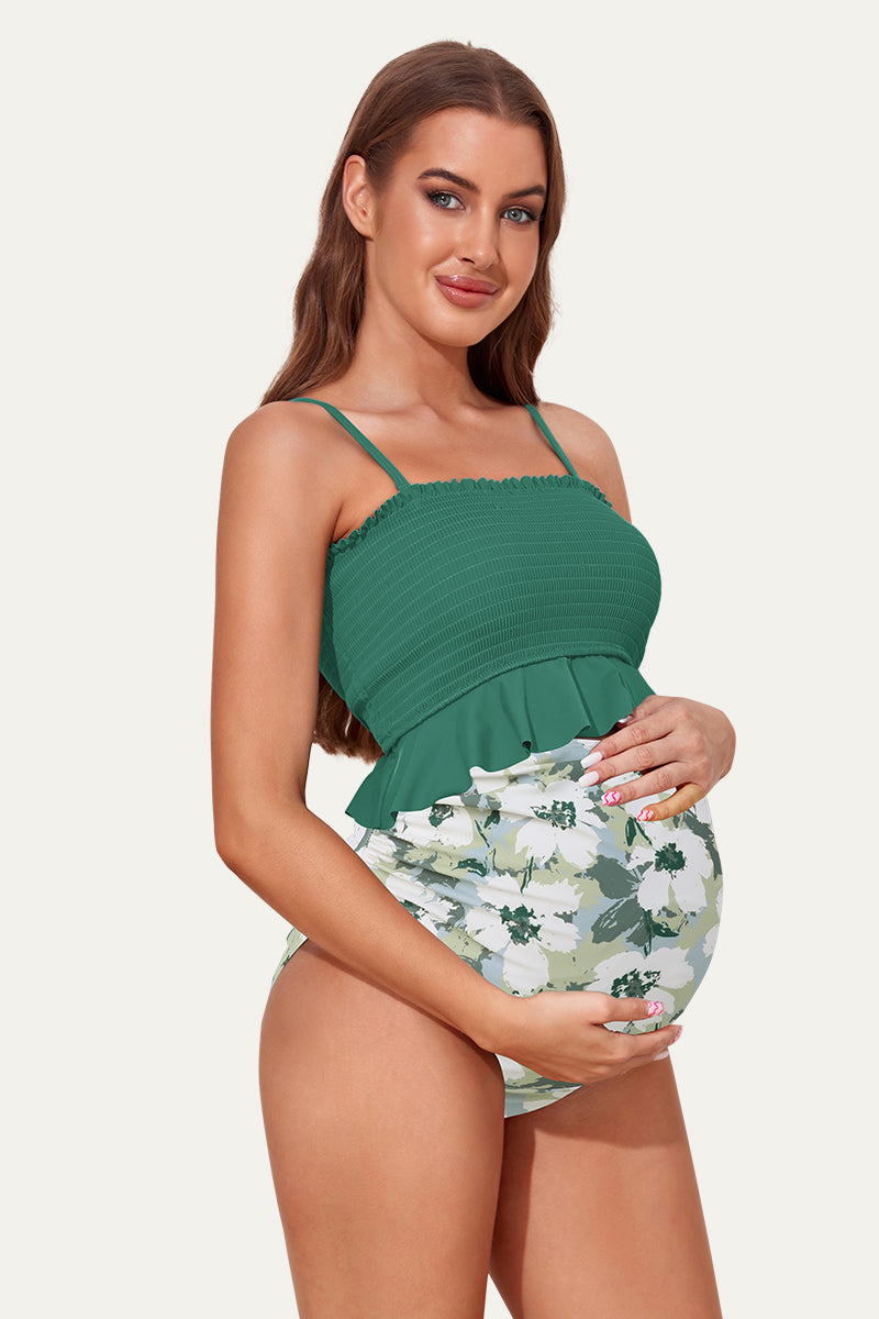 high-waisted-maternity-bikini-two-piece-pregnancy-swimming-costume-1#color_mint-solitary-silhouette-bloom