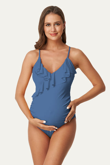 Navy Blue Off Shoulder Maternity One-Piece Swimsuit