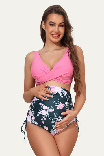 Two Piece Twist Front Maternity Swimsuit with Adjustable Side Tie Bott –  Summer Mae